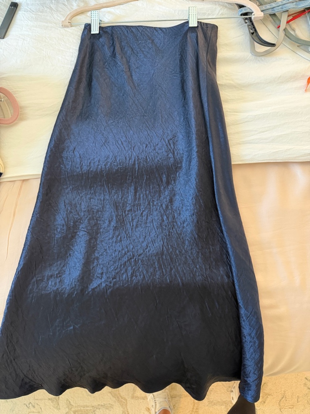 Aritzia Navy Blue Satin Midi Skirt